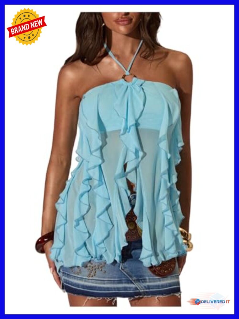 Ruffle Halter Top Sheer Sleeveless Slim Fit Tie Open Back Bohemian Crop Tank